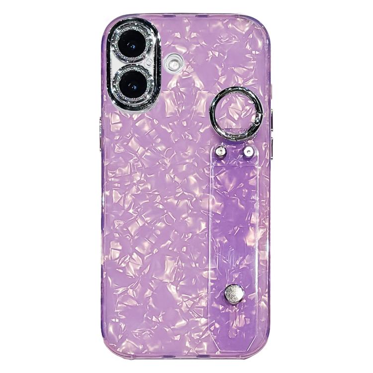 For iPhone 17 Plating Shell Texture Wristband Holder TPU Phone Case with Lens Film(Purple)