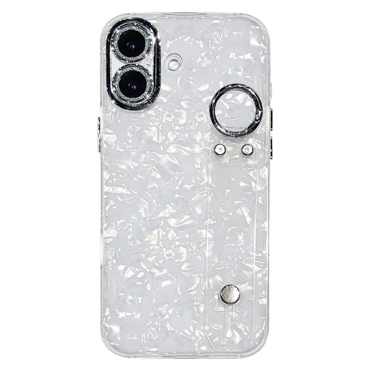 For iPhone 17 Plating Shell Texture Wristband Holder TPU Phone Case with Lens Film(White)