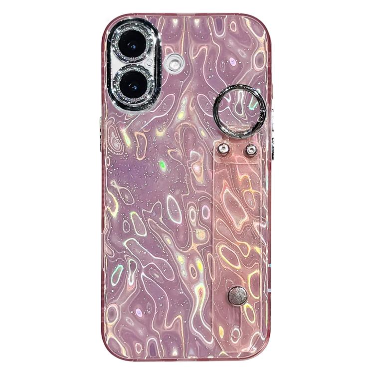 For iPhone 17 Plating Wrinkled Texture Wristband Holder TPU Phone Case with Lens Film(Pink)