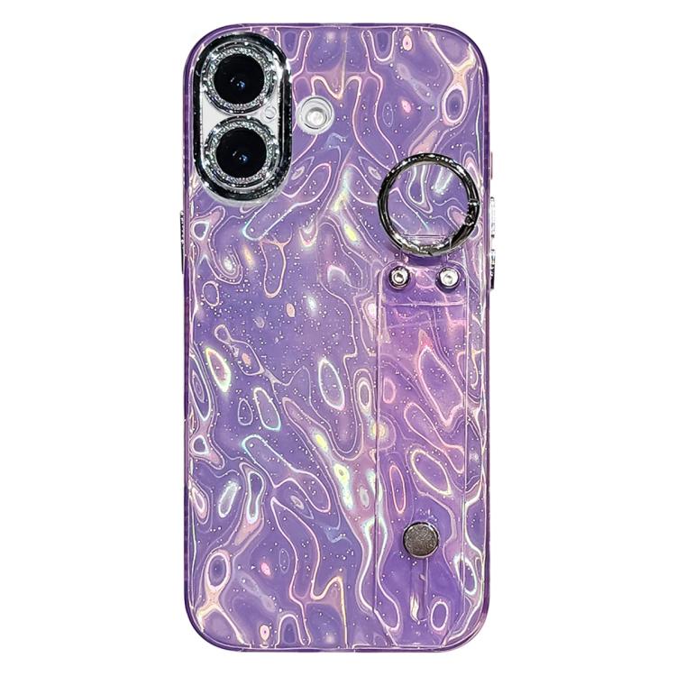 For iPhone 17 Plating Wrinkled Texture Wristband Holder TPU Phone Case with Lens Film(Purple)