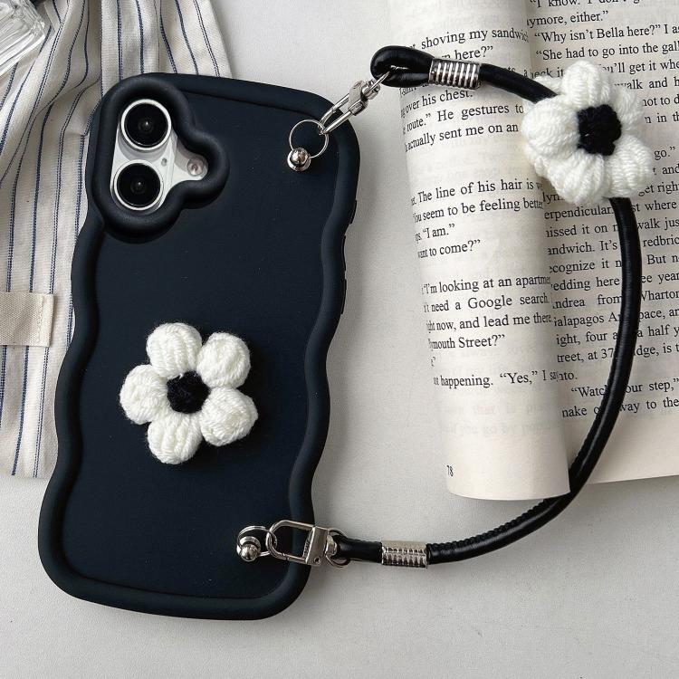 For iPhone 17 Plush Flower Wavy TPU Phone Case with Lanyard(Black)