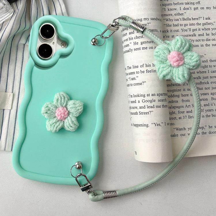 For iPhone 17 Plush Flower Wavy TPU Phone Case with Lanyard(Green)