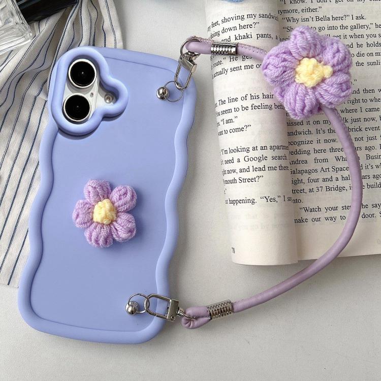 For iPhone 17 Plush Flower Wavy TPU Phone Case with Lanyard(Light Purple)