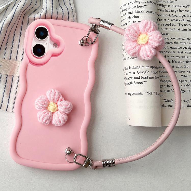 For iPhone 17 Plush Flower Wavy TPU Phone Case with Lanyard(Pink)