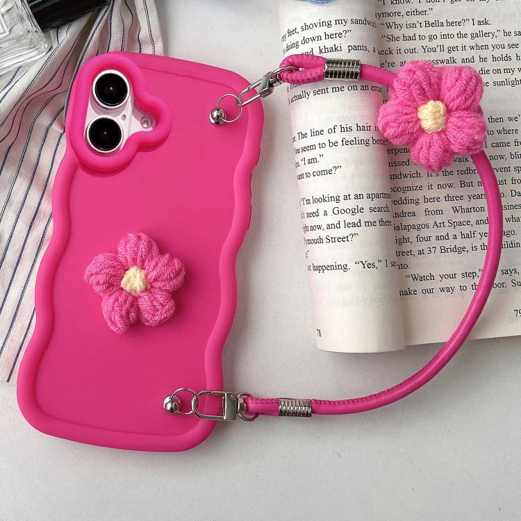 For iPhone 17 Plush Flower Wavy TPU Phone Case with Lanyard(Rose Red)