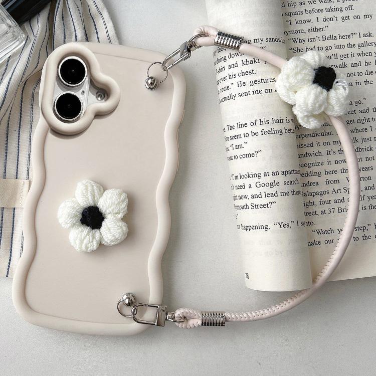 For iPhone 17 Plush Flower Wavy TPU Phone Case with Lanyard(White)