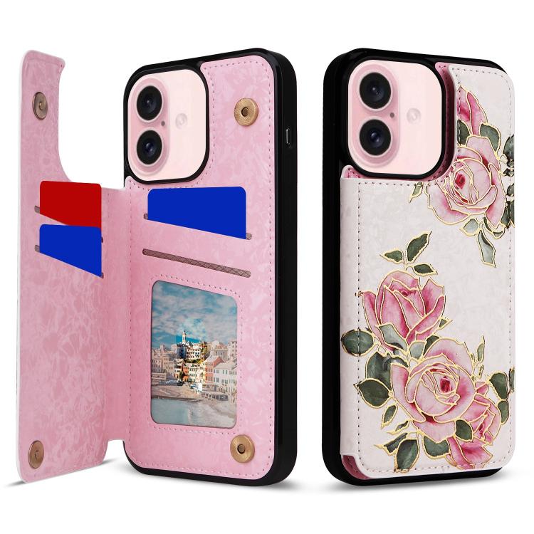 For iPhone 17 Printed Double Buckle RFID Anti-theft Phone Case(Rose)