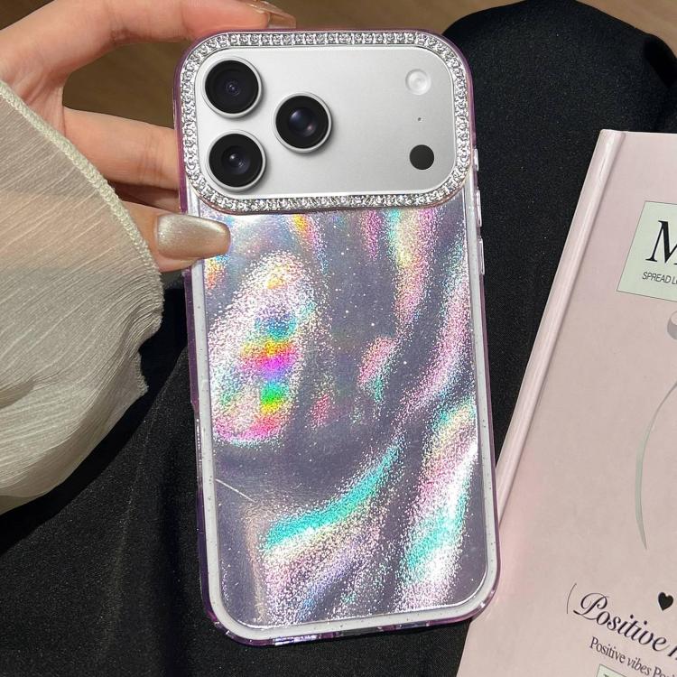For iPhone 17 Pro 3 in 1 Diamond Lens Frame Quicksand Pattern Phone Case(Purple)