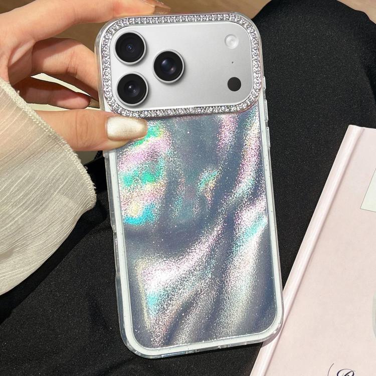 For iPhone 17 Pro 3 in 1 Diamond Lens Frame Quicksand Pattern Phone Case(Silver)