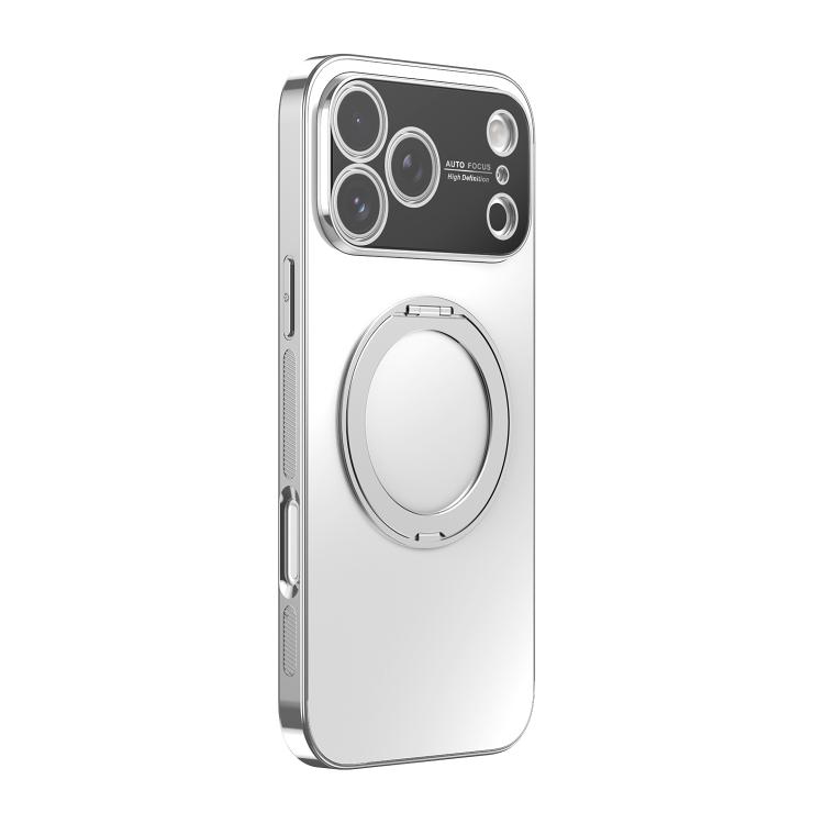 For iPhone 17 Pro 360 Degree Rotating Holder MagSafe Electroplated Phone Case with Lens Cover(White)
