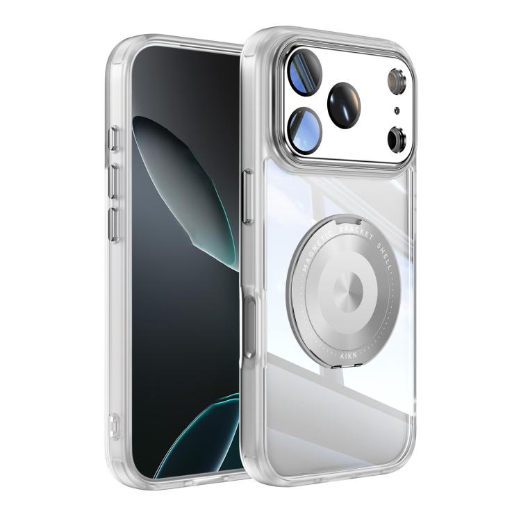 For iPhone 17 Pro 360 Holder Magsafe Acrylic Hybrid TPU Phone Case(Frosted White)