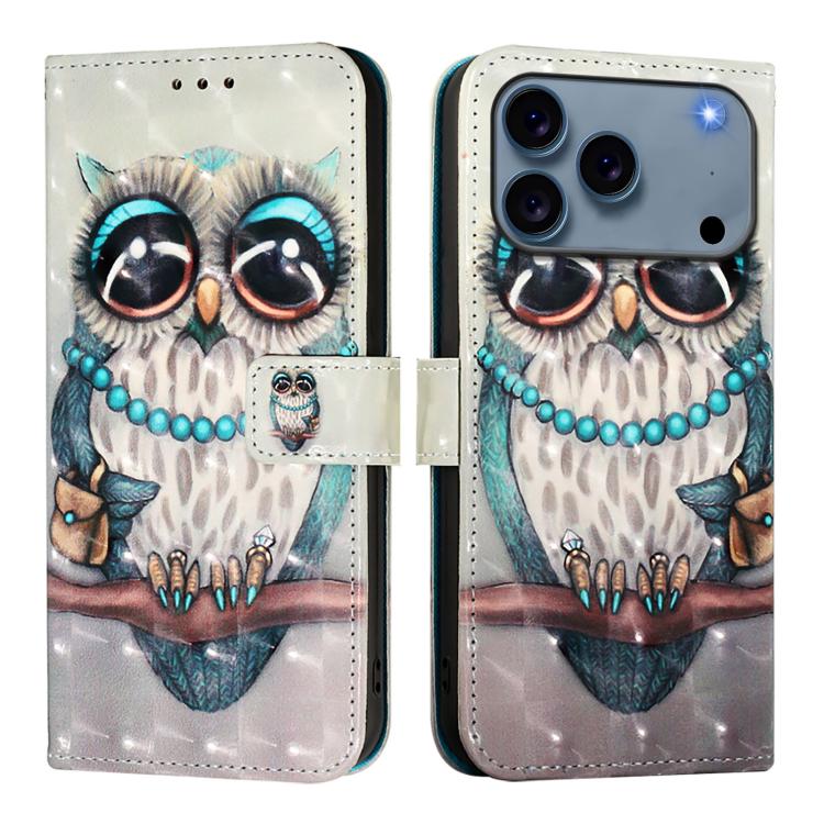 For iPhone 17 Pro 3D Painting Horizontal Flip Leather Phone Case(Grey Owl)