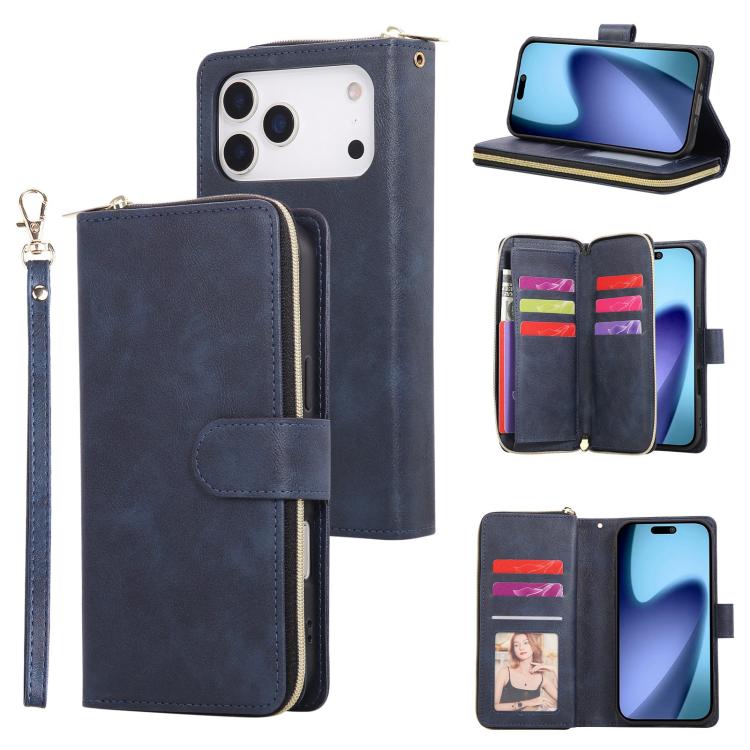 For iPhone 17 Pro 9 Card Slots Zipper Wallet Bag Leather Phone Case(Blue)