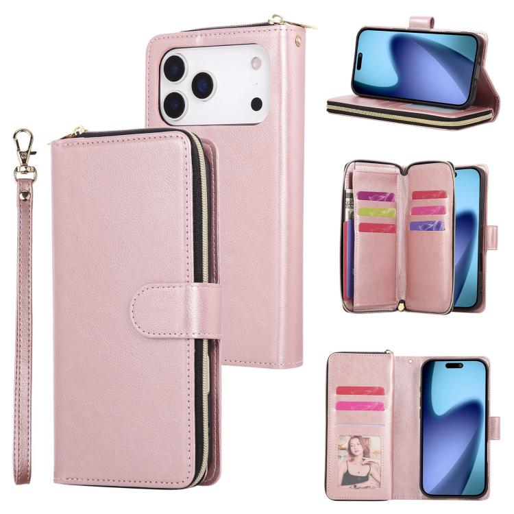 For iPhone 17 Pro 9 Card Slots Zipper Wallet Bag Leather Phone Case(Rose Gold)