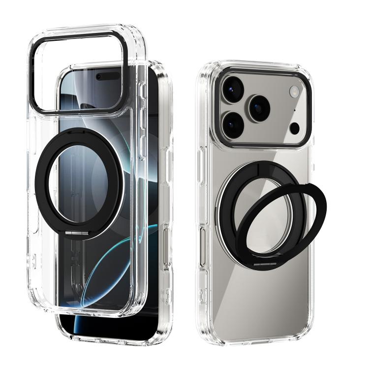 For iPhone 17 Pro ABEEL MagSafe Q-LUCK Pivot Bracket Transparent Phone Case(Black)