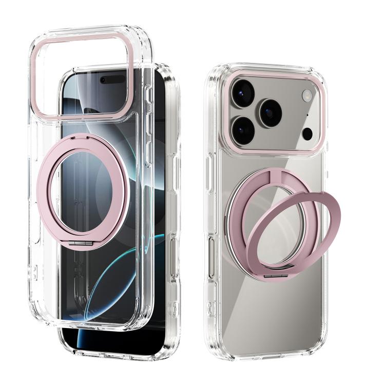 For iPhone 17 Pro ABEEL MagSafe Q-LUCK Pivot Bracket Transparent Phone Case(Pink)