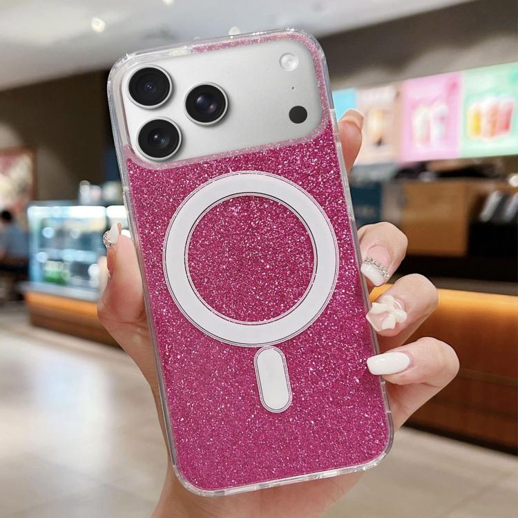 For iPhone 17 Pro Acrylic Transparent Glitter MagSafe Phone Case(Rose Red)