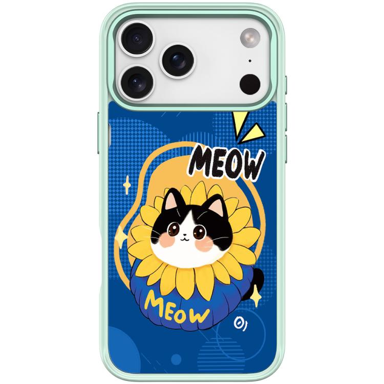 For iPhone 17 Pro Adorable Little Blue Cat Pattern Magnetic Phone Case(Light Green)