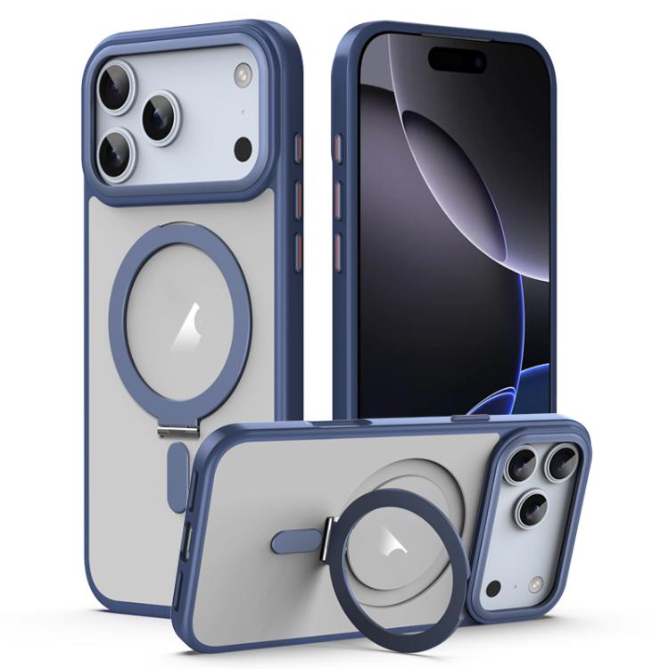 For iPhone 17 Pro Airbag MagSafe Shockproof Frosted Phone Case with Fold Holder(Blue)