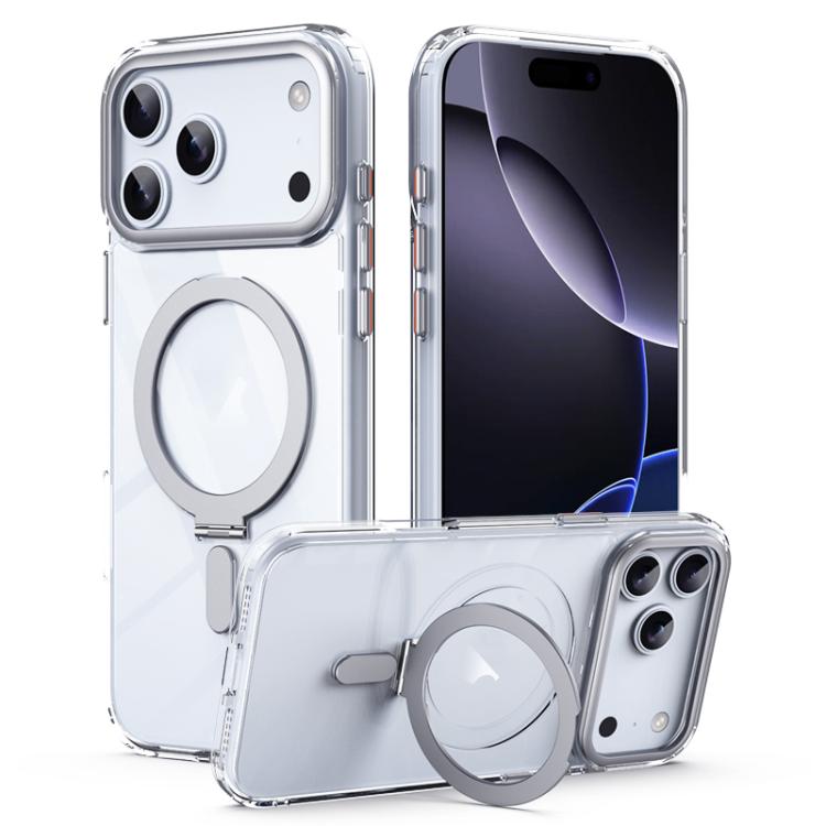 For iPhone 17 Pro Airbag MagSafe Shockproof Frosted Phone Case with Fold Holder(Silver)