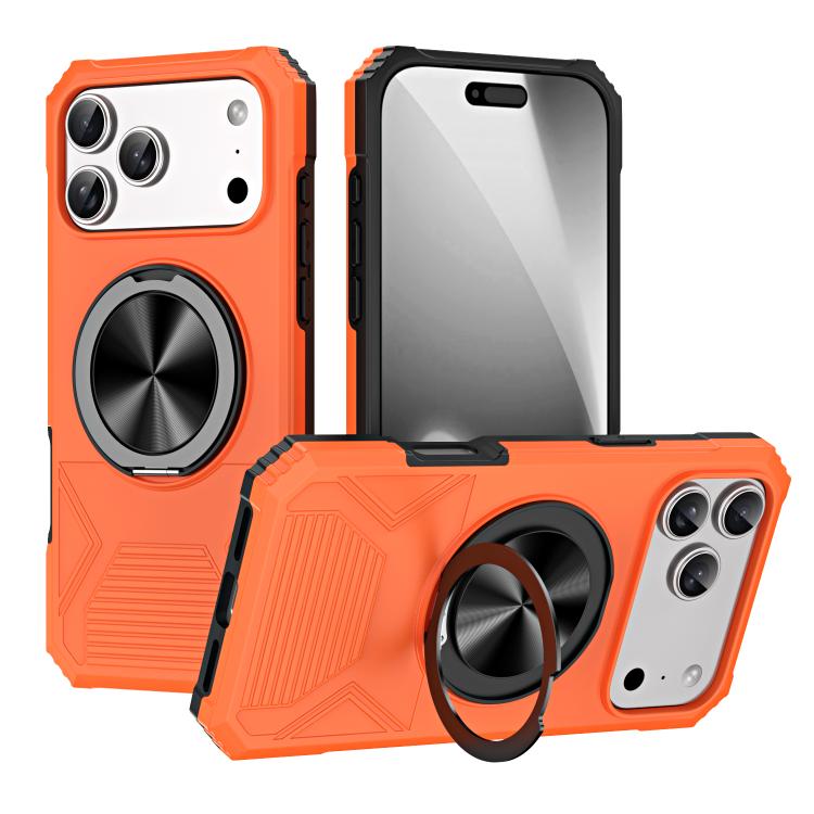 For iPhone 17 Pro Alloy Rotating Holder MagSafe Shockproof Phone Case(Orange)