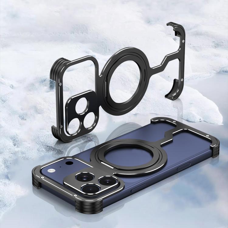 For iPhone 17 Pro Armor Alloy Frameless MagSafe Magnetic Bracket Heat Dissipation Metal Phone Case(Black Blue)