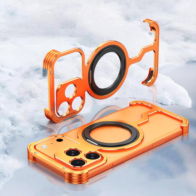 For iPhone 17 Pro Armor Alloy Frameless MagSafe Magnetic Bracket Heat Dissipation Metal Phone Case(Orange Black)