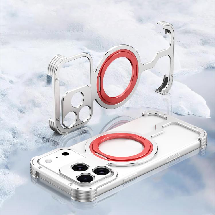 For iPhone 17 Pro Armor Alloy Frameless MagSafe Magnetic Bracket Heat Dissipation Metal Phone Case(Silver Red)