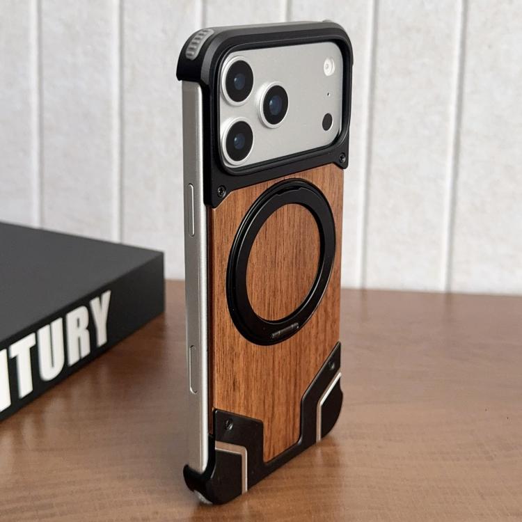 For iPhone 17 Pro Armor Walnut Wood Metal Frameless 360 Rotation Holder Magnetic Phone Case(Black)