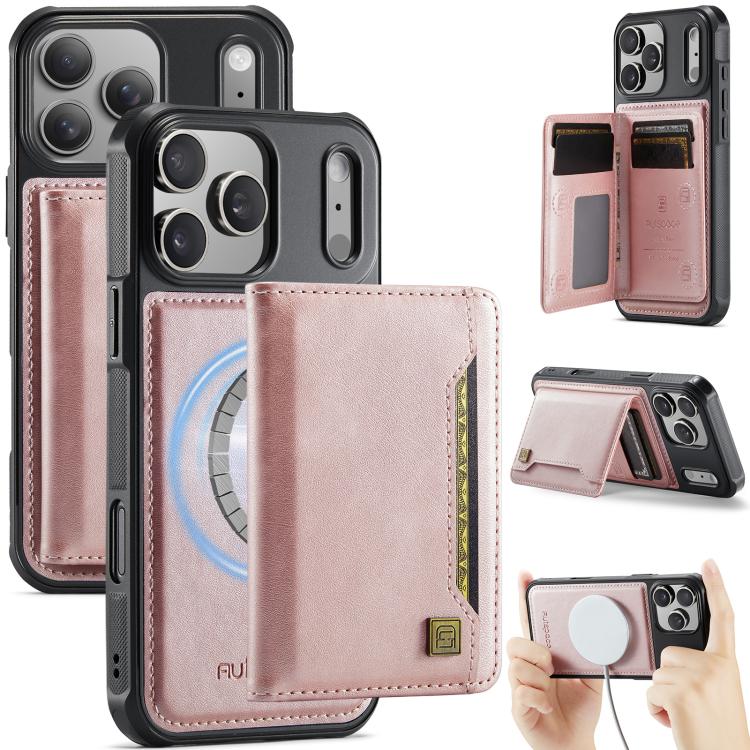 For iPhone 17 Pro AutSpace A13 MagSafe Magnetic RFID Flip Card Bag Phone Case(Rose Gold)