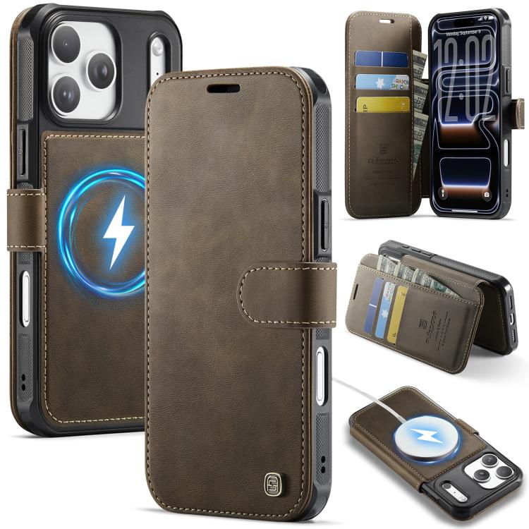 For iPhone 17 Pro AutSpace A15 Retro Magnetic Clasp Vegan Leather Phone Case(Brown)