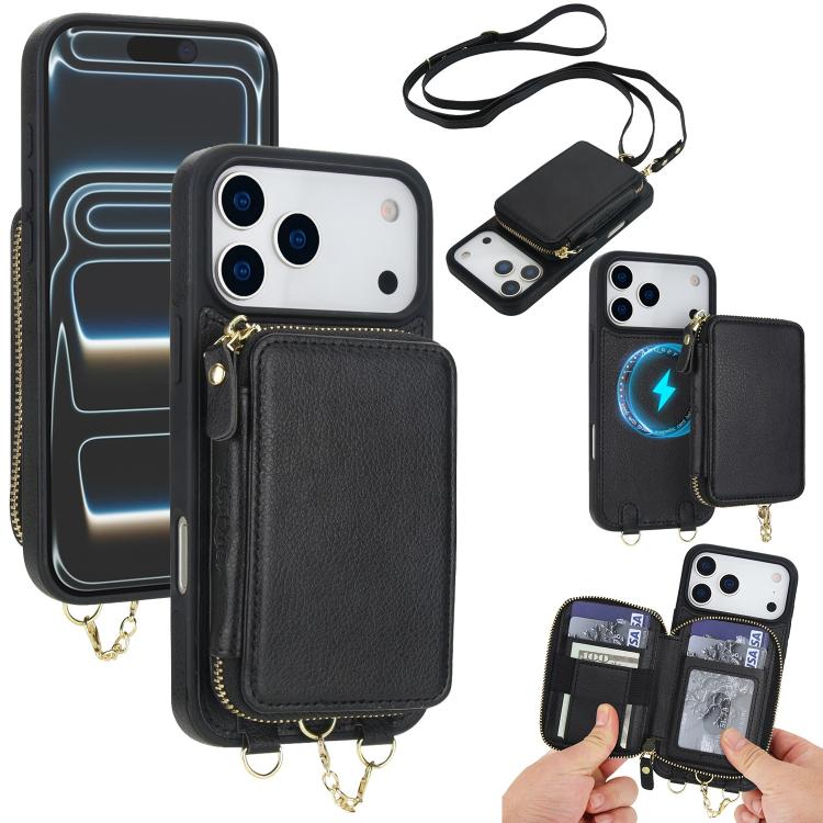 For iPhone 17 Pro AwQuer 2 in 1 Crossbody Zipper Wallet Leather Back Phone Case(Black)