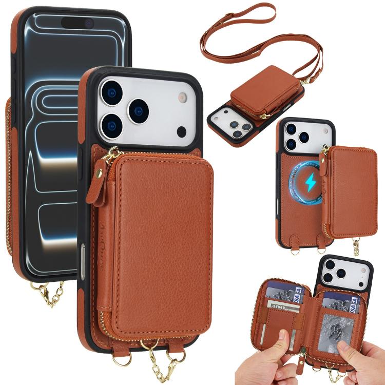 For iPhone 17 Pro AwQuer 2 in 1 Crossbody Zipper Wallet Leather Back Phone Case(Brown)