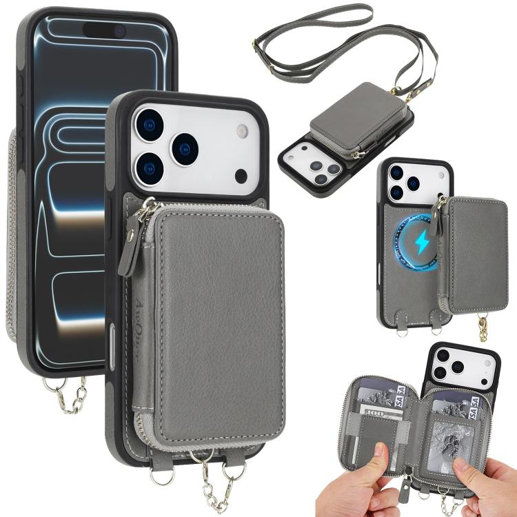 For iPhone 17 Pro AwQuer 2 in 1 Crossbody Zipper Wallet Leather Back Phone Case(Grey)
