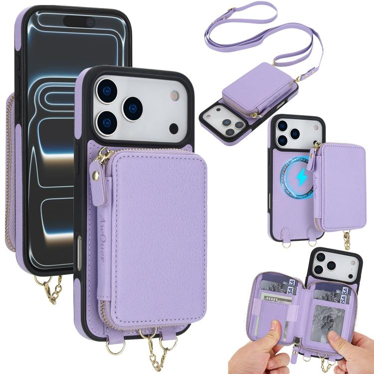 For iPhone 17 Pro AwQuer 2 in 1 Crossbody Zipper Wallet Leather Back Phone Case(Light Purple)