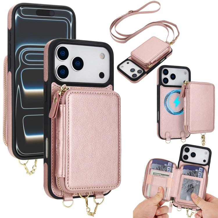 For iPhone 17 Pro AwQuer 2 in 1 Crossbody Zipper Wallet Leather Back Phone Case(Rose Gold)
