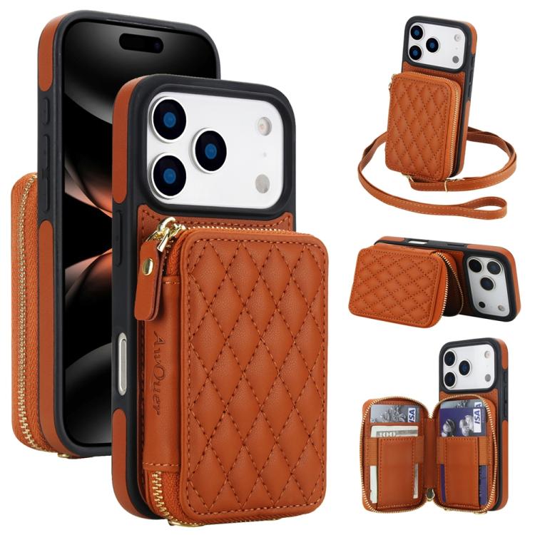 For iPhone 17 Pro AwQuer Crossbody Zipper Wallet Rhombic Leather Back Phone Case(Brown)