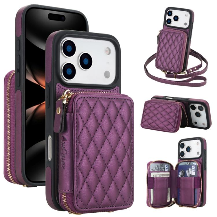 For iPhone 17 Pro AwQuer Crossbody Zipper Wallet Rhombic Leather Back Phone Case(Dark Purple)