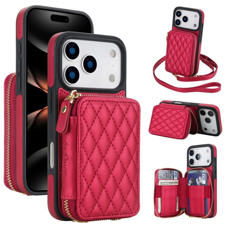 For iPhone 17 Pro AwQuer Crossbody Zipper Wallet Rhombic Leather Back Phone Case(Red)
