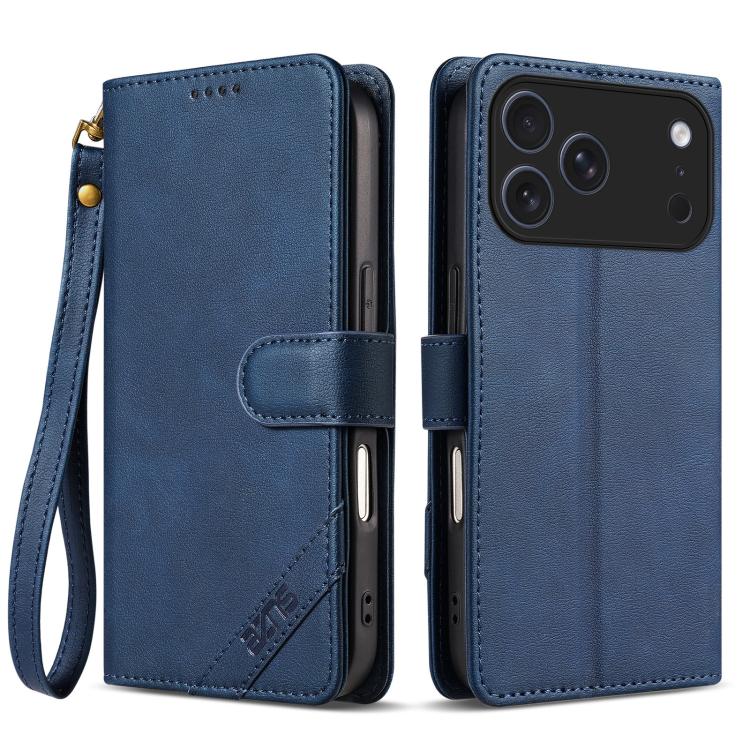 For iPhone 17 Pro AZNS A2 Series Tri-Card Wallet RFID Vegan Leather Phone Case with Strap(Blue)