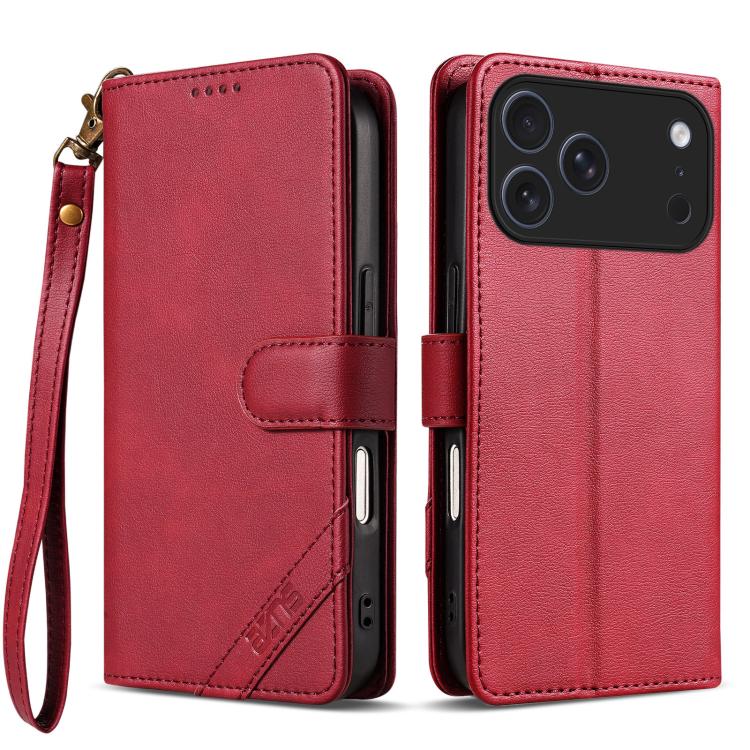 For iPhone 17 Pro AZNS A2 Series Tri-Card Wallet RFID Vegan Leather Phone Case with Strap(Red)