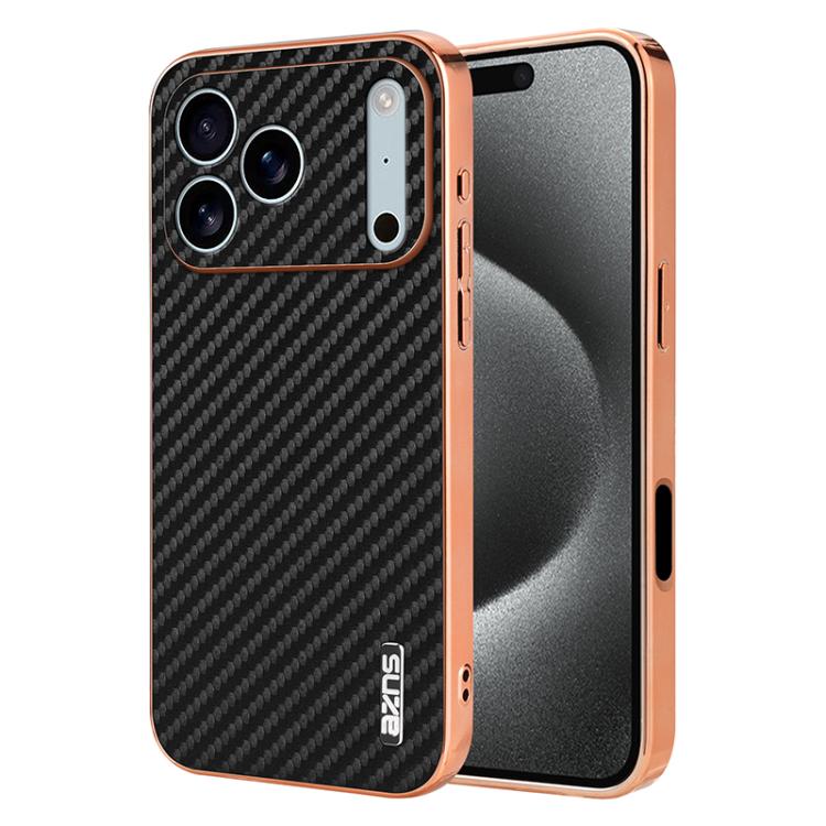 For iPhone 17 Pro AZNS Electroplated Edge Carbon Fiber Texture Phone Case(Black)