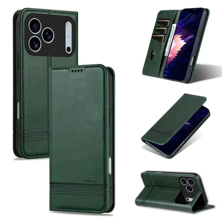 For iPhone 17 Pro AZNS Magnetic Calf Texture Flip Leather Phone Case(Dark Green)