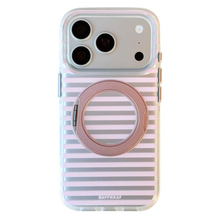 For iPhone 17 Pro BAFFKKAF Frosted Stripes 360 Holder Airbag Double-Sided IMD Magnetic Phone Case(Pink)