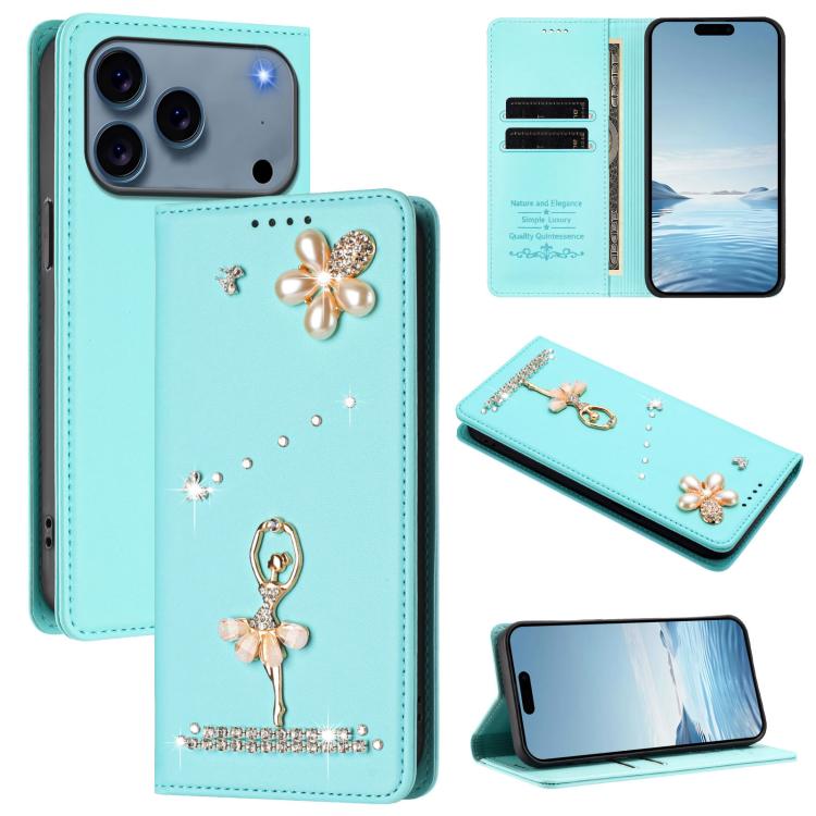 For iPhone 17 Pro Ballet Girl Diamond Studded RFID Vegan Leather Phone Case(Mint Green)