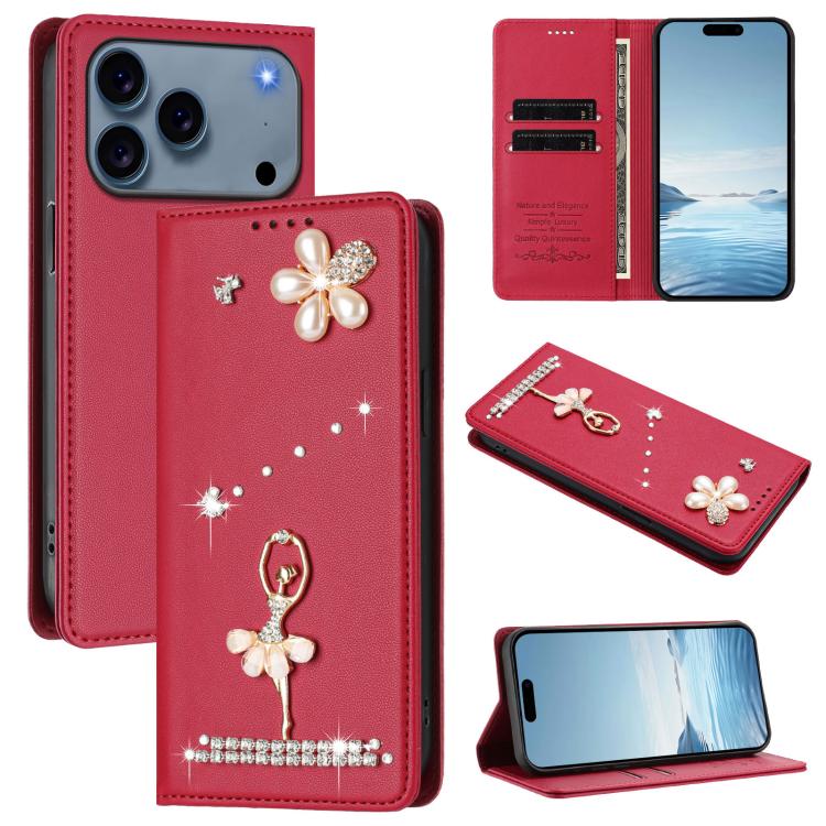 For iPhone 17 Pro Ballet Girl Diamond Studded RFID Vegan Leather Phone Case(Wine Red)