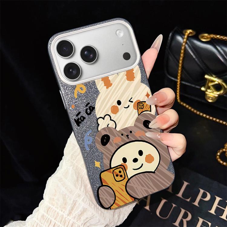 For iPhone 17 Pro Bear Pattern IMD Glitter PC Hybrid TPU Phone Case(Black)