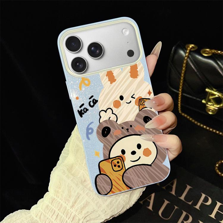 For iPhone 17 Pro Bear Pattern IMD Glitter PC Hybrid TPU Phone Case(Blue)