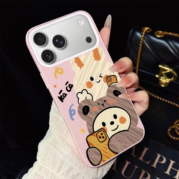 For iPhone 17 Pro Bear Pattern IMD Glitter PC Hybrid TPU Phone Case(Pink)