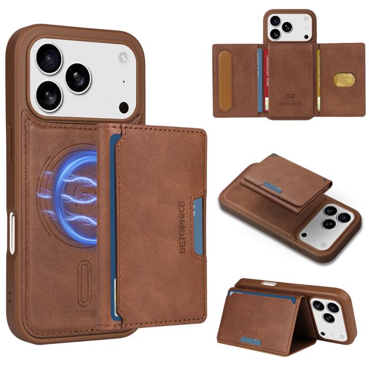 For iPhone 17 Pro BETOPNICE Horizontal Flip Detachable MagSafe Wallet Phone Case(Brown)